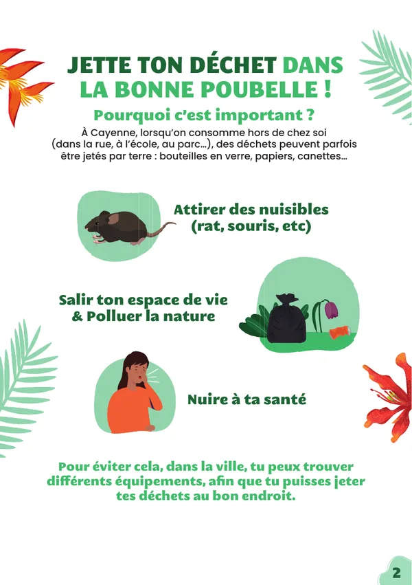 Flyer A5, page 2 : « Jette ton déchet dans la bonne poubelle ! »